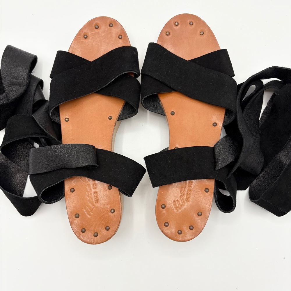 Eva Credo Luxury Black & Brown Sandals 25” Wrap Straps Suede Wood Boho Resort
